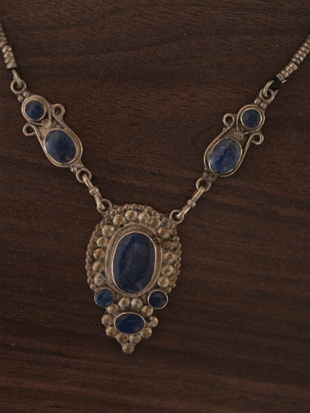 Vintage Bohemian Blue Lapis Statement Necklace Antique Silver Tone Necklace - Picture 3 of 7